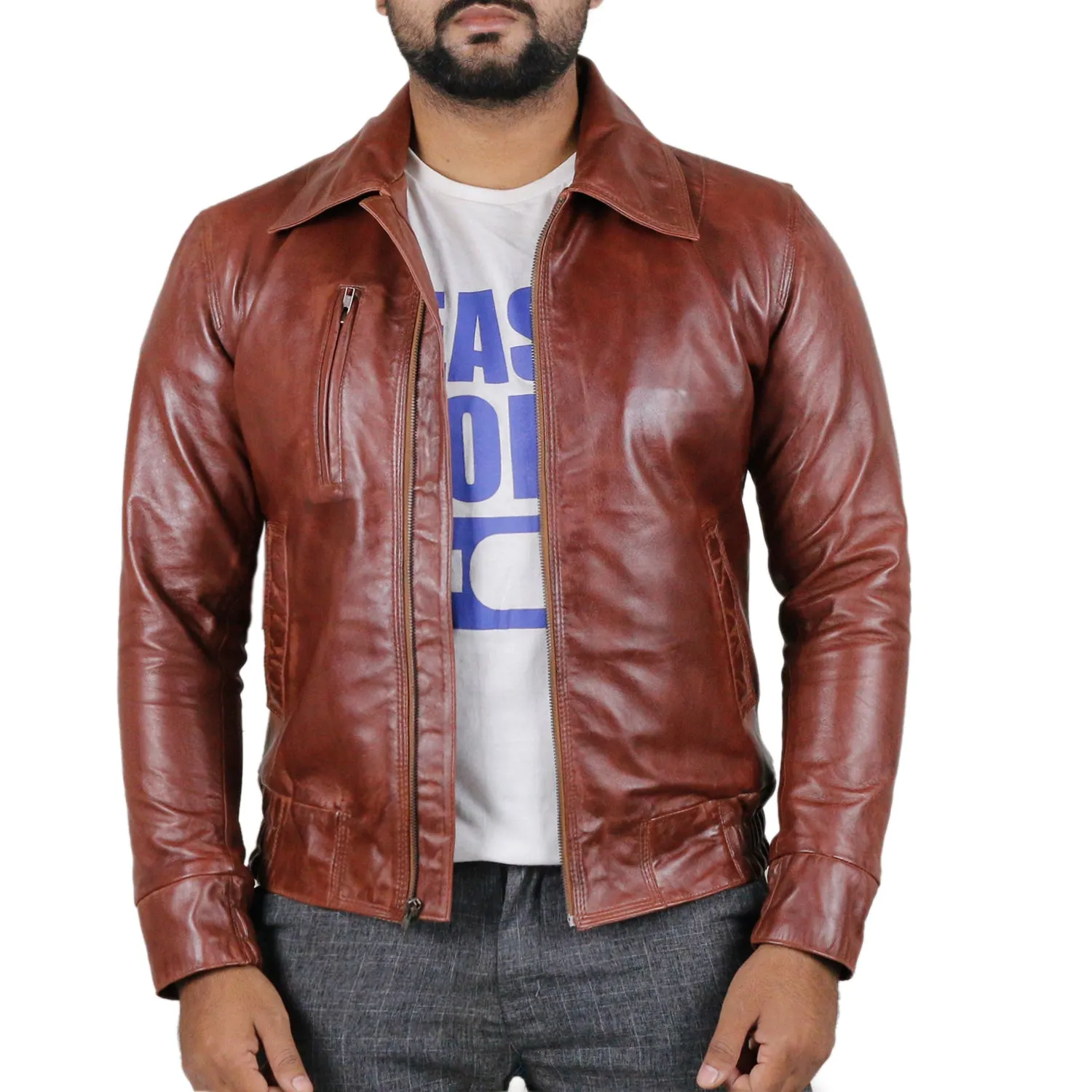 Orbitara Tan Bomber Leather Jacket