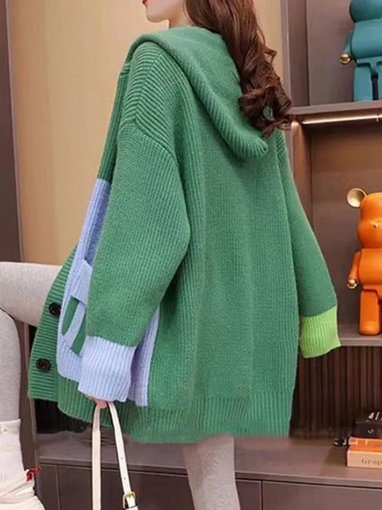 Patchwork Hooded Loose Knitwear Sweater Cardigan with Pocket