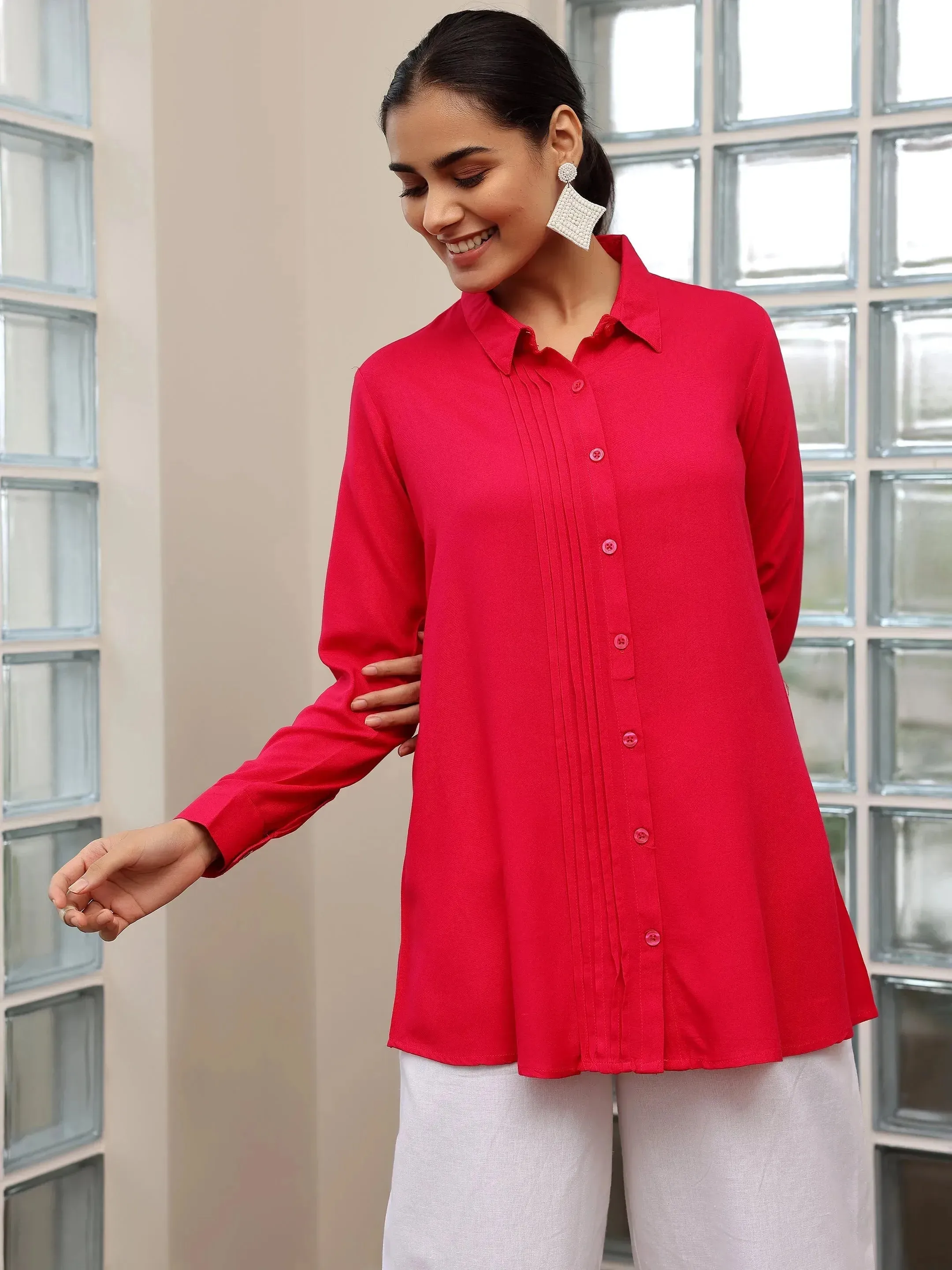 Pink Solid Rayon Straight Tunic