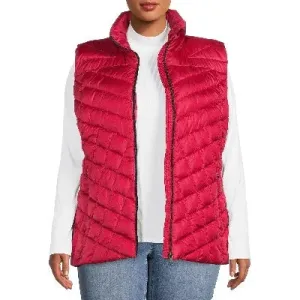 Plus Down Blend Chevron Quilted Puffer Vest Ruby