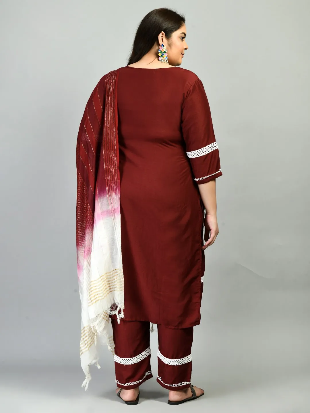 Plus Size Lacy Maroon stone Kurta Pant Set with Dupatta