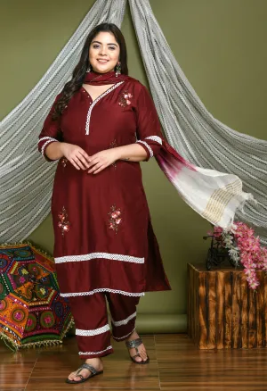 Plus Size Lacy Maroon stone Kurta Pant Set with Dupatta