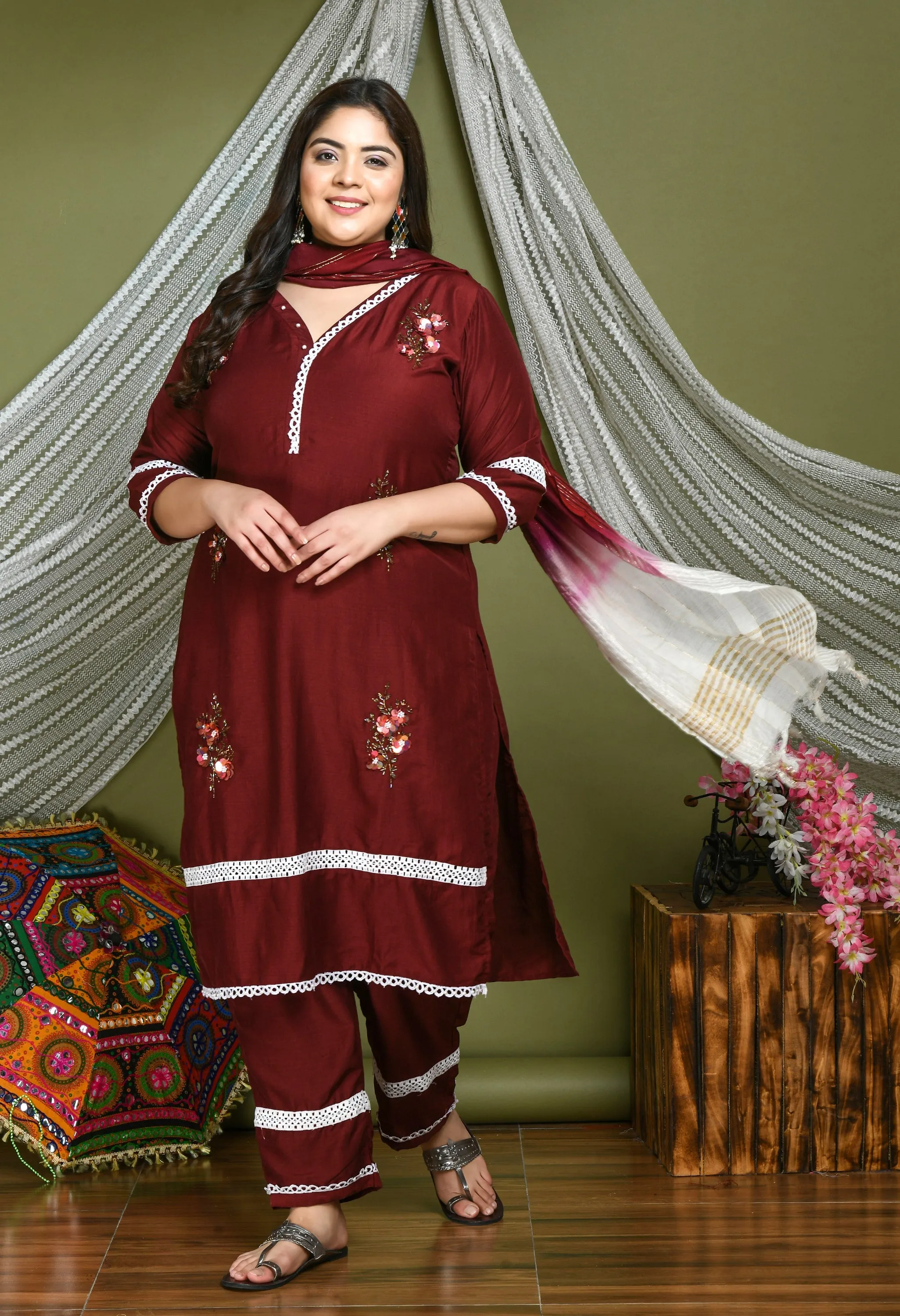 Plus Size Lacy Maroon stone Kurta Pant Set with Dupatta