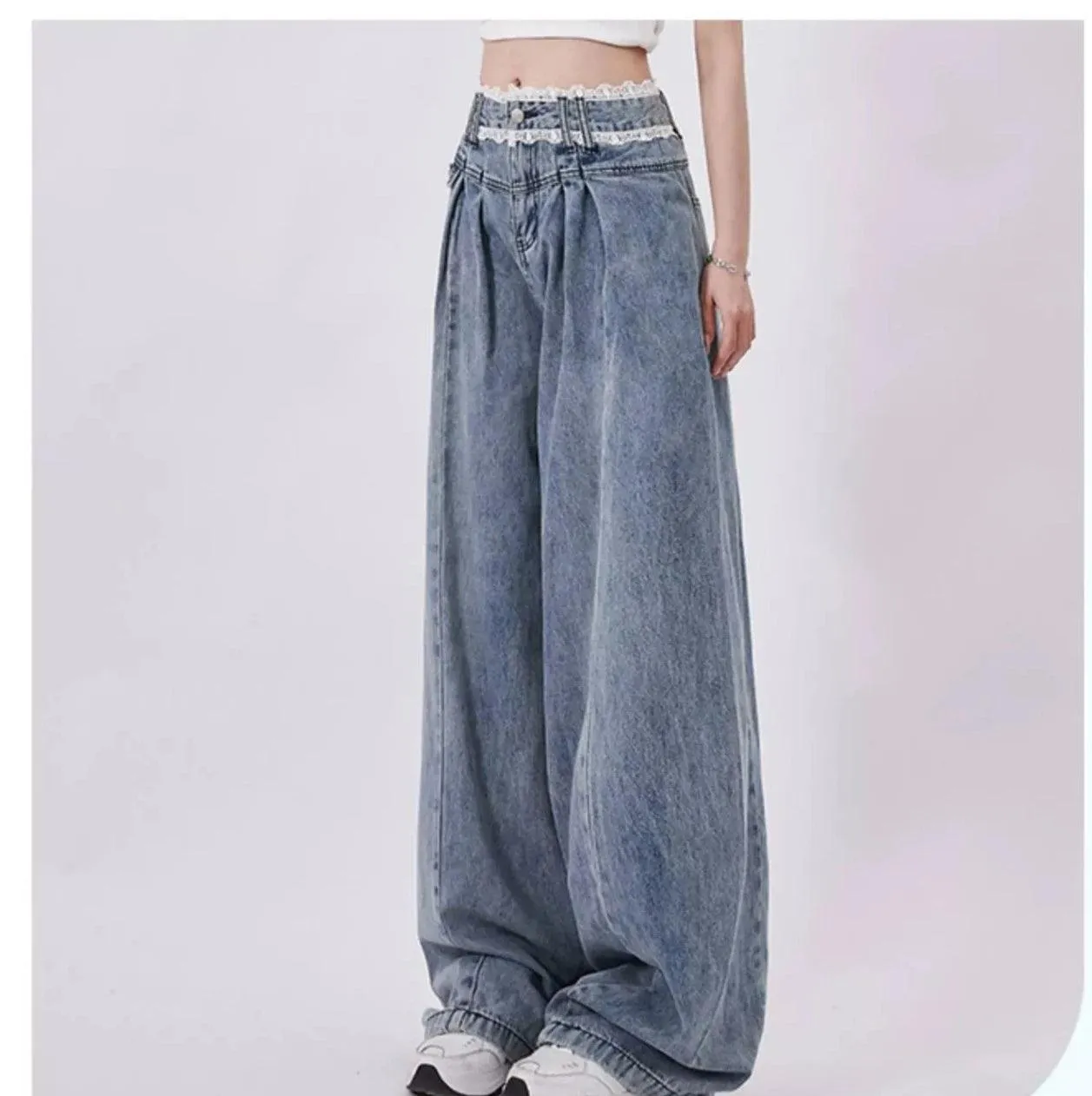 Rayohopp High-Waisted Wide Leg Denim Jeans - Vintage Wash Pleated Palazzo Pants With Relaxed Fit