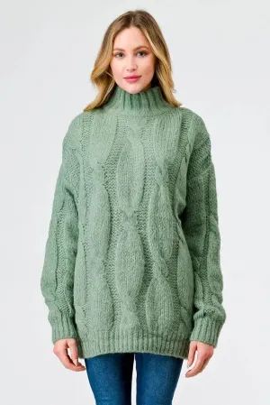 Sage Cable Knit Turtle Neck Long Sleeve Sweater /2-2-3