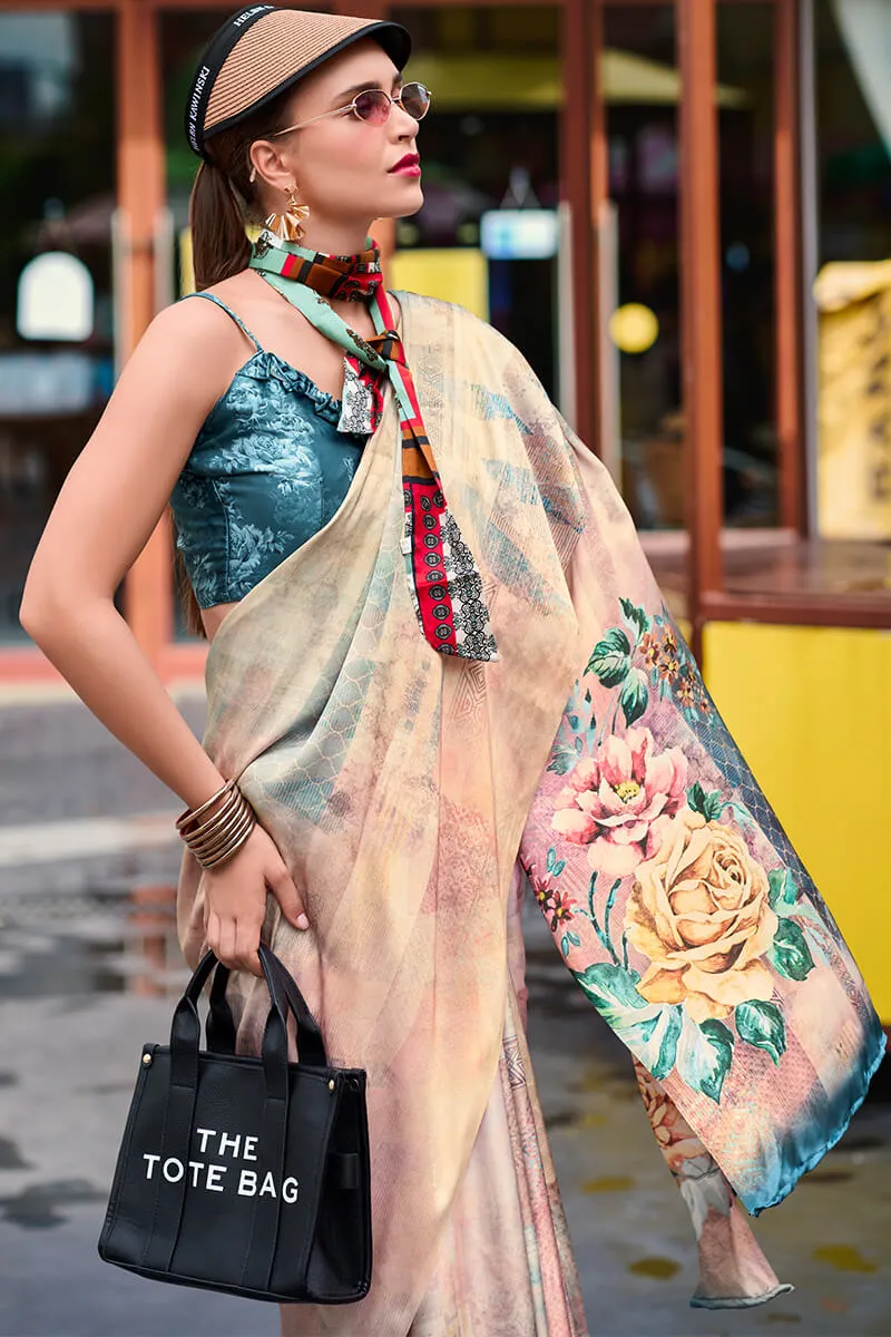 Sensational Beige Digital Printed Satin Silk Saree With Intricate Blouse Piece