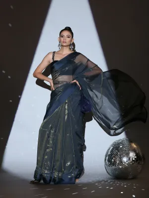 SET | Cosmic Blue Illusion Organza Saree   Black blouse with glass straps   Glass belt