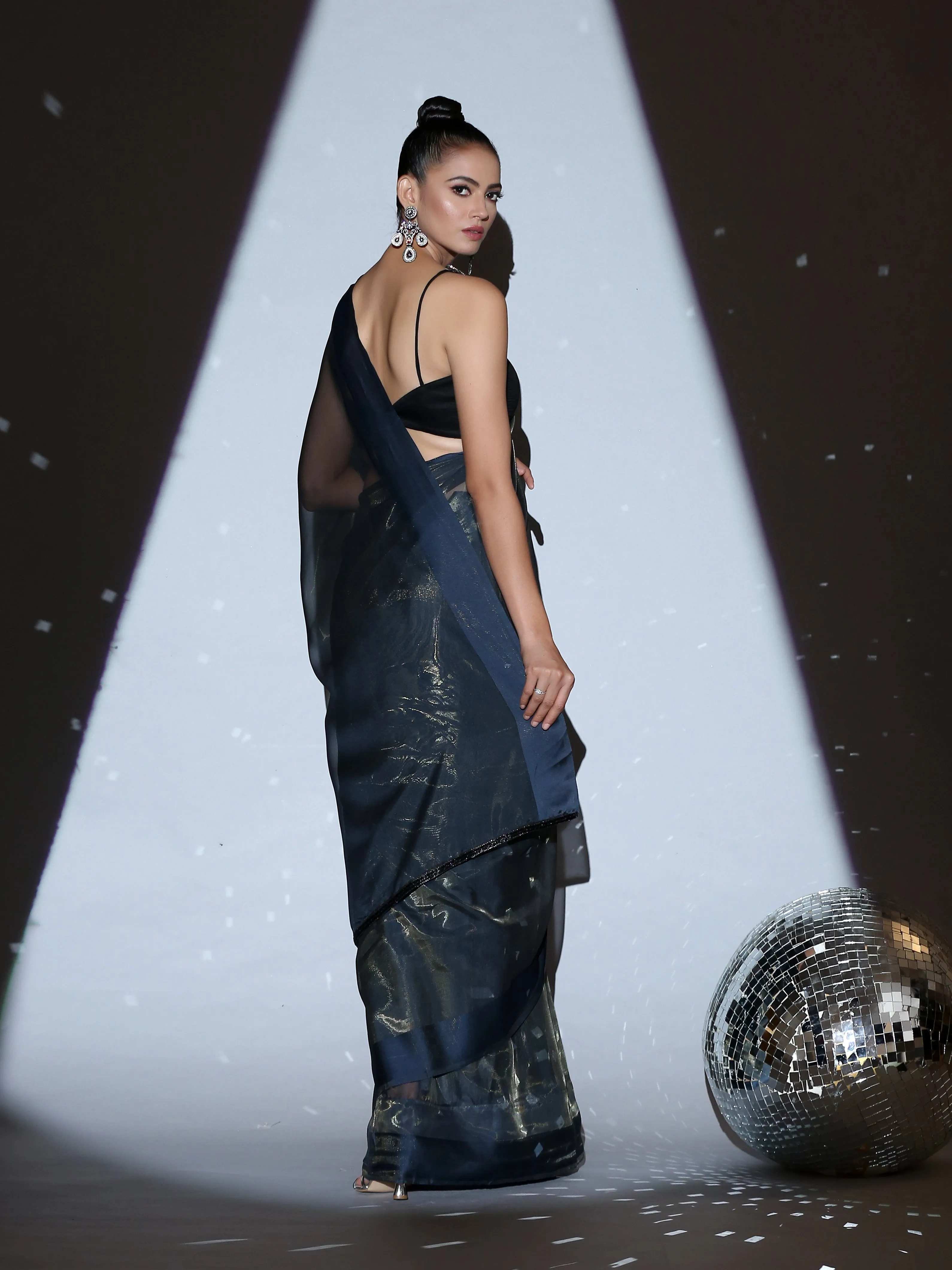 SET | Cosmic Blue Illusion Organza Saree   Black blouse with glass straps   Glass belt