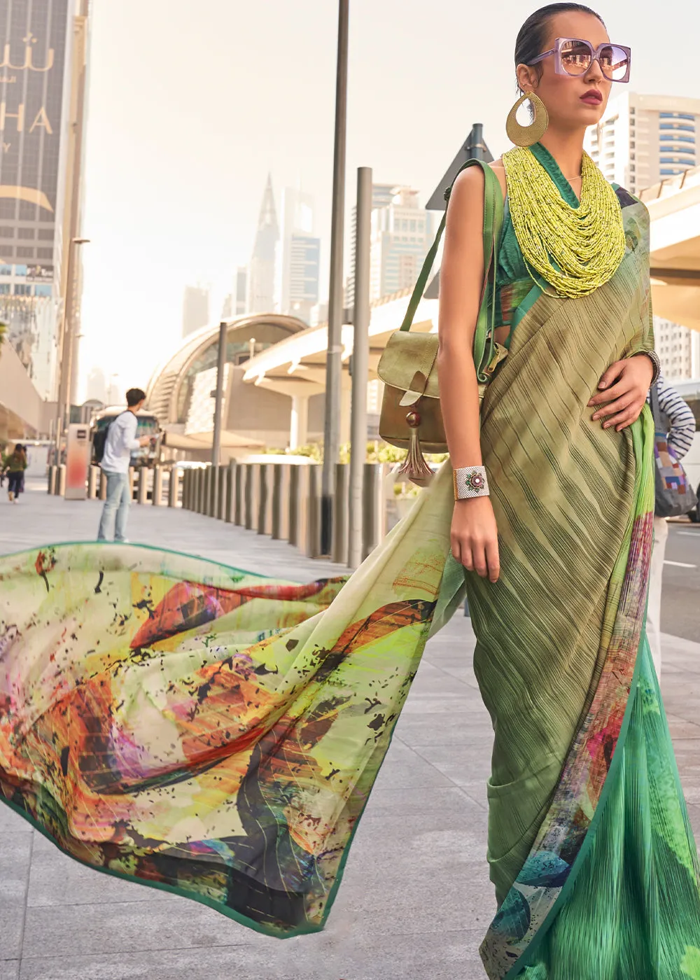 Shades Of Green Digital Printed Satin Crepe Designer Saree