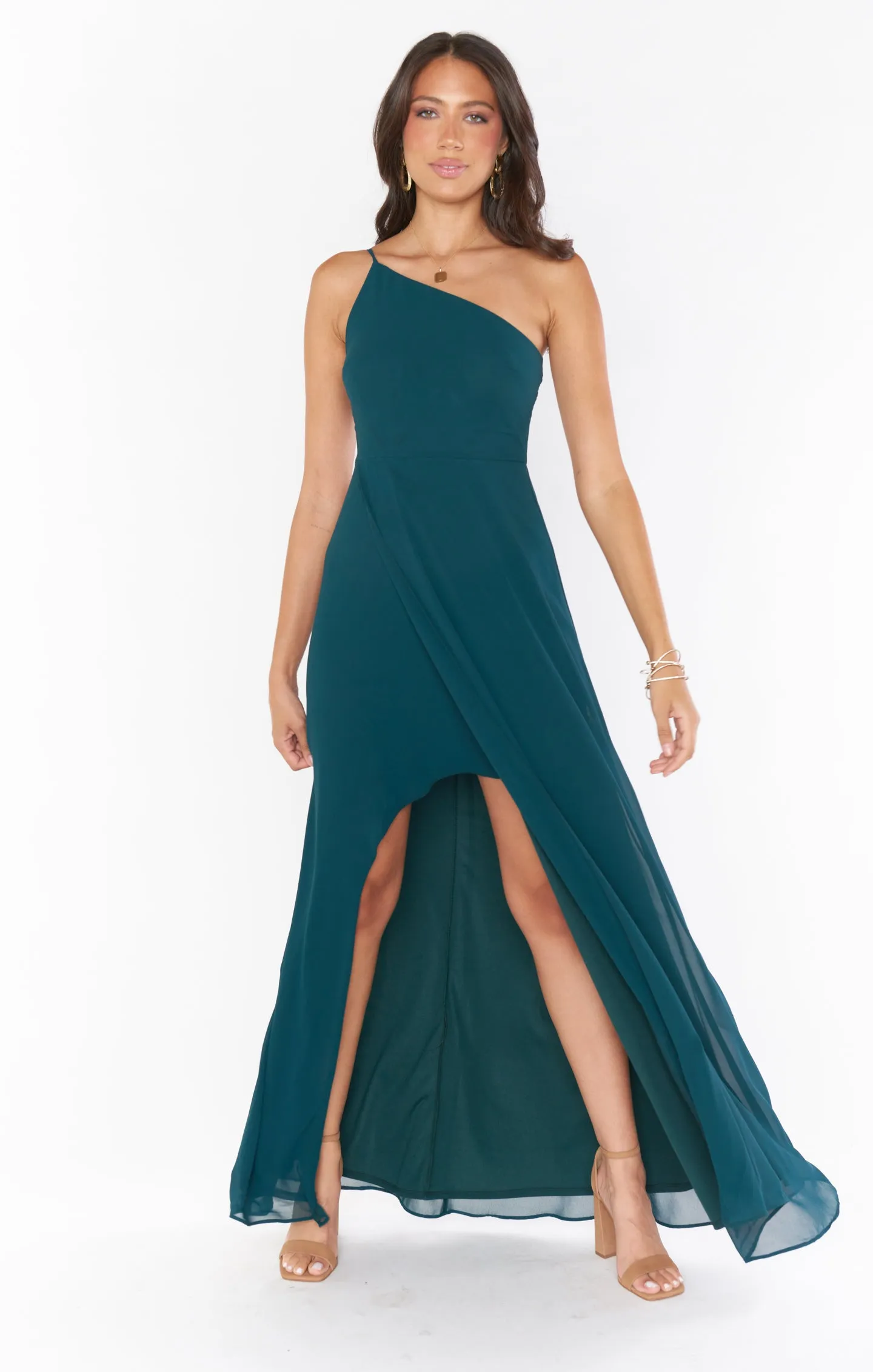 Shannon One Shoulder Dress ~ Emerald Chiffon