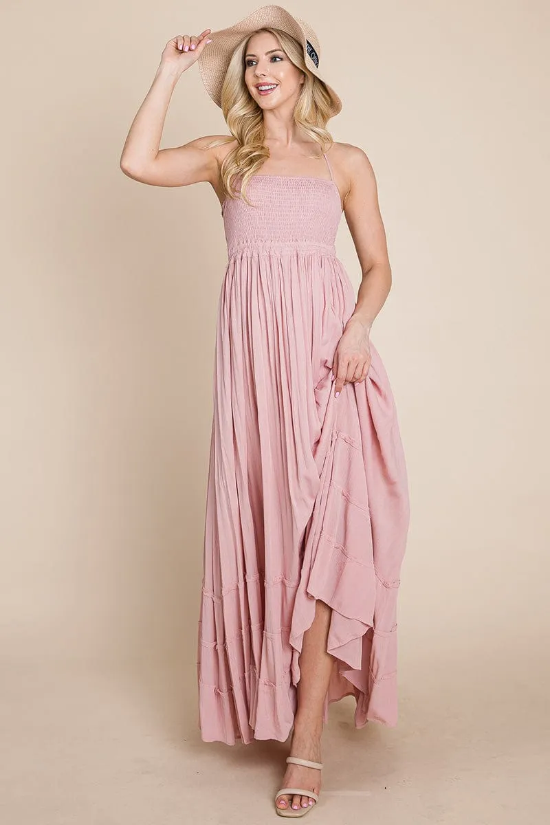 Smocked Flowy Boho Pleated Backless Maxi Dress