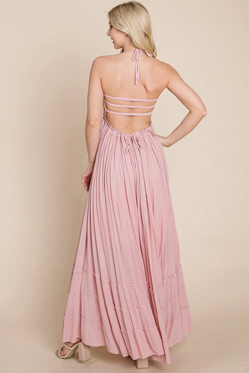 Smocked Flowy Boho Pleated Backless Maxi Dress