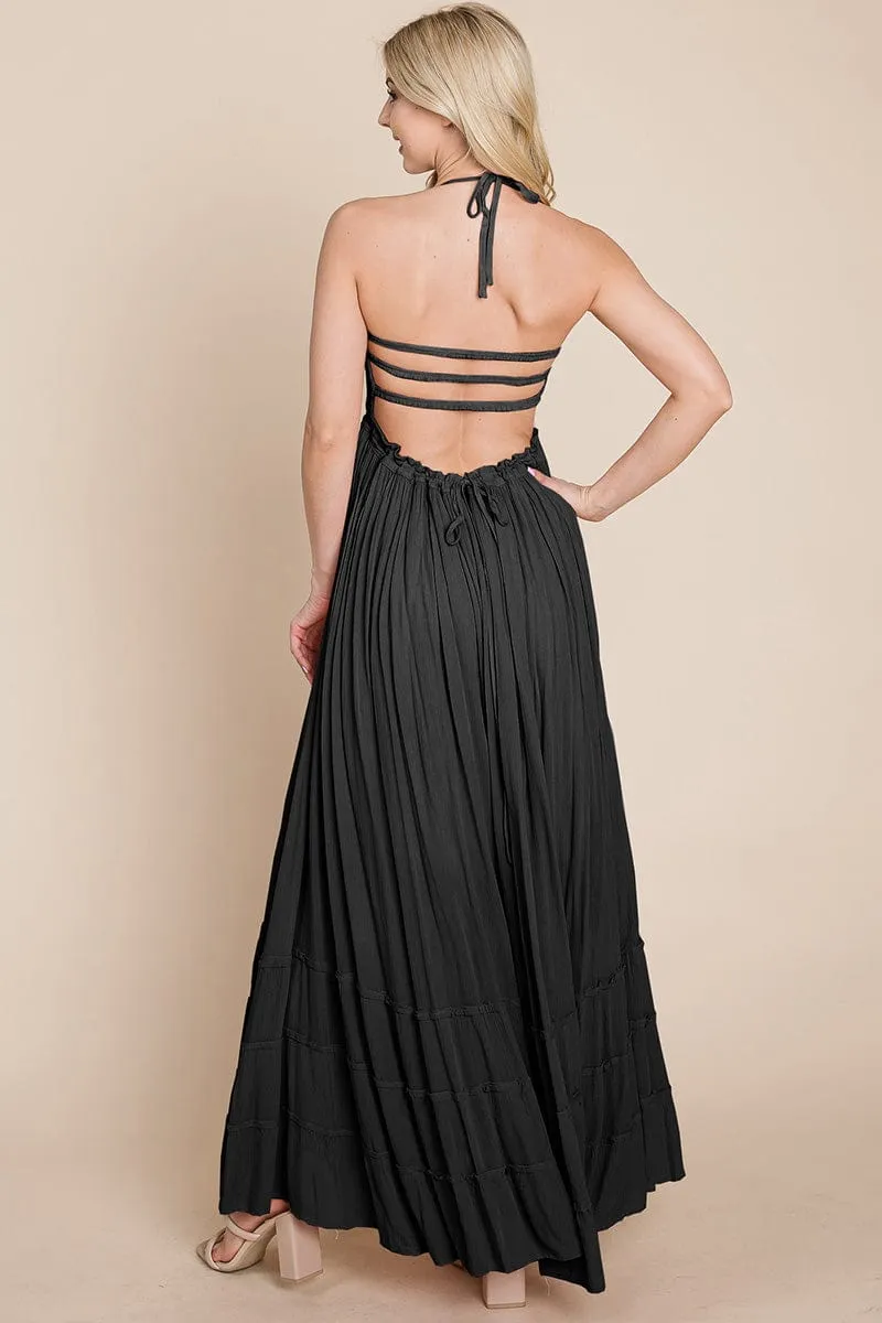 Smocked Flowy Boho Pleated Backless Maxi Dress