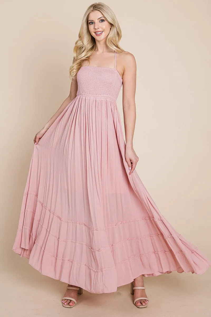 Smocked Flowy Boho Pleated Backless Maxi Dress