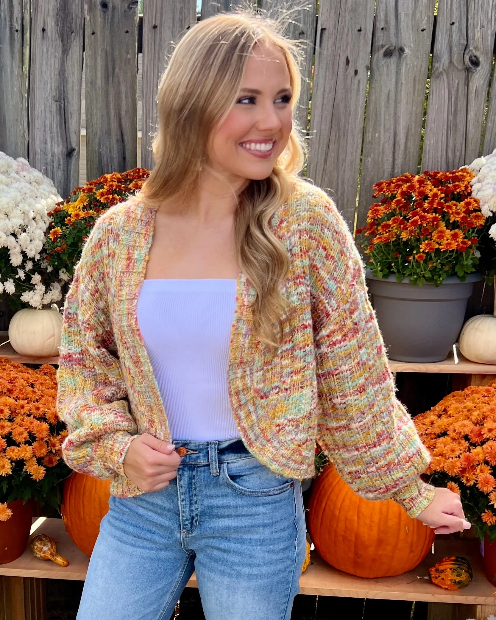 Sunset Horizon Mustard Multicolored Cropped Cardigan