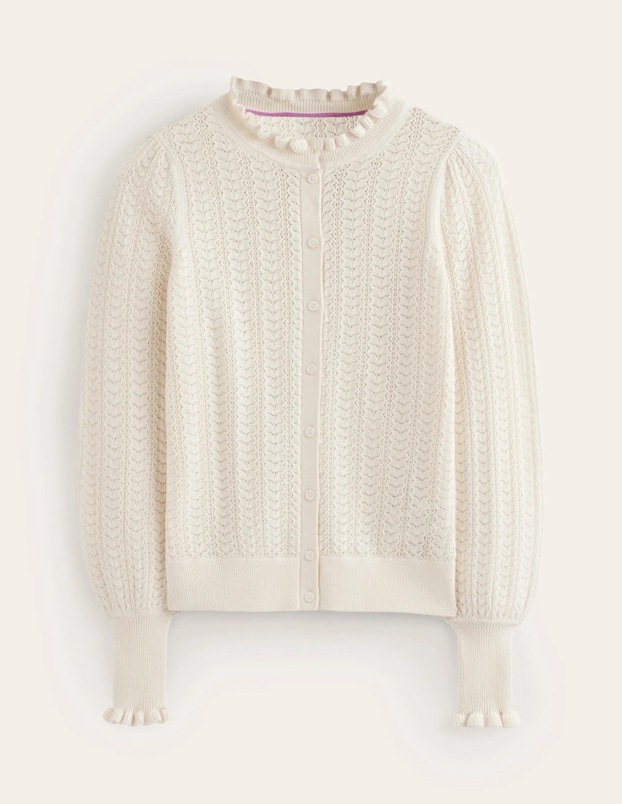 Tia Pointelle Frilled Cardigan-Warm Ivory