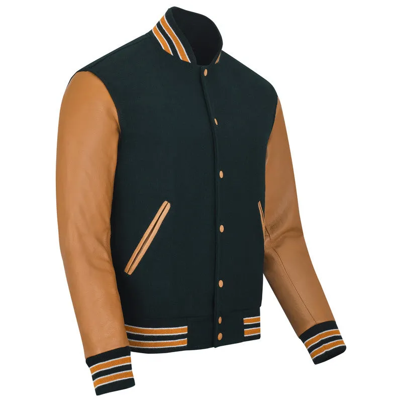 Warrior Gears Classic Hybrid Varsity Jacket for Kids, Toddler Letterman Bomber Jacket for Boys, Unisex Varsity Jacket Girls, Green Pure Wool Body & Gold Cowhide Leather Sleeves