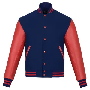 Warrior Gears Classic Hybrid Varsity Jacket for Kids, Toddler Letterman Bomber Jacket for Boys, Unisex Varsity Jacket Girls, Navy Blue Pure Wool Body & Red Cowhide Leather Sleeves