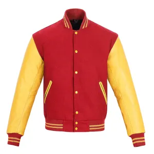 Warrior Gears Classic Hybrid Varsity Jacket for Kids, Toddler Letterman Bomber Jacket for Boys, Unisex Varsity Jacket Girls, Red Pure Wool Body & Gold Cowhide Leather Sleeves