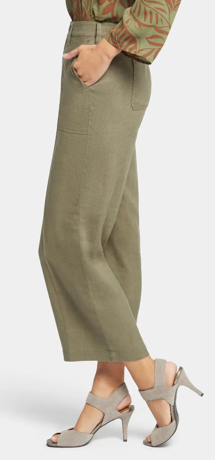 Wide Leg Cropped Capri Trouser Green Stretch Linen | Avocado