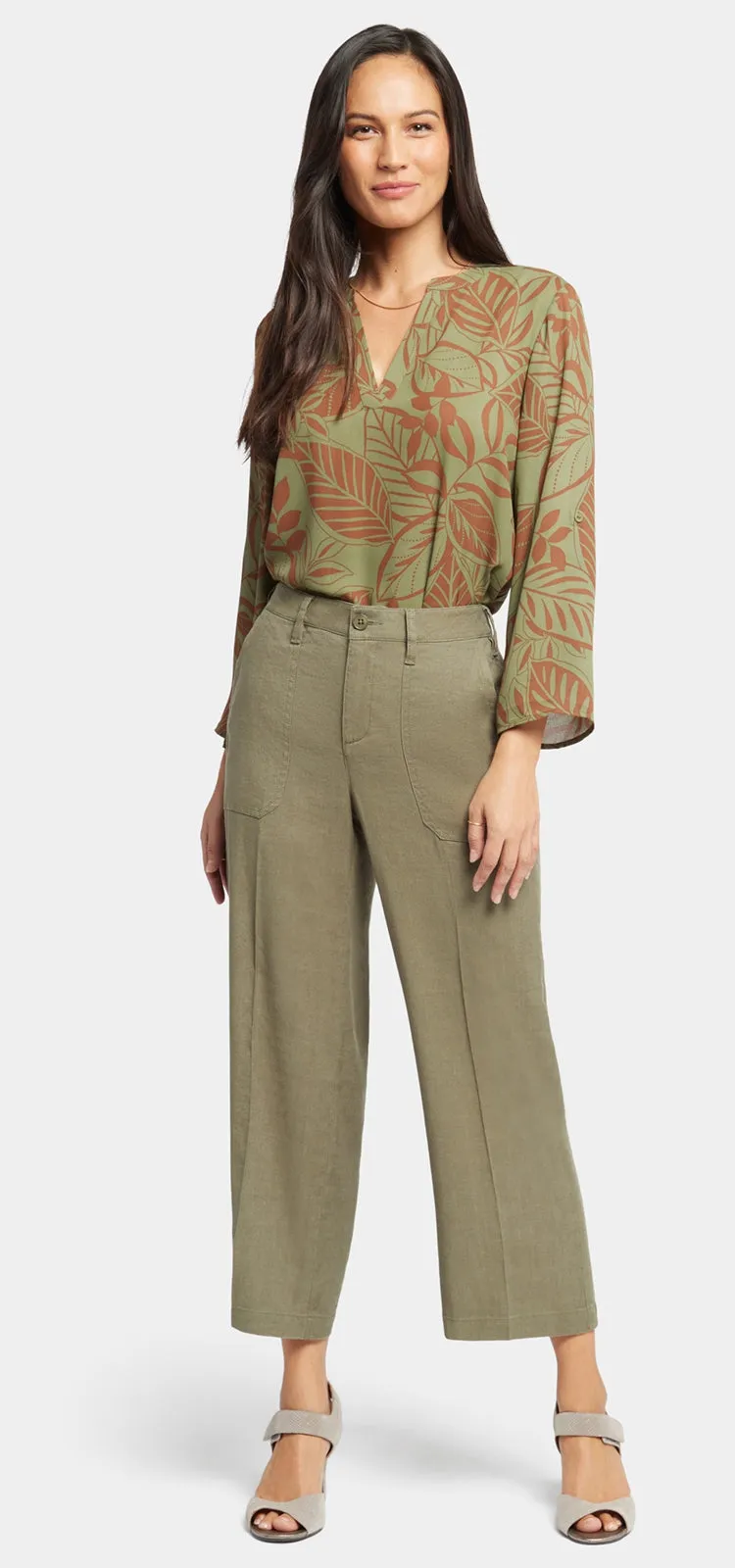 Wide Leg Cropped Capri Trouser Green Stretch Linen | Avocado