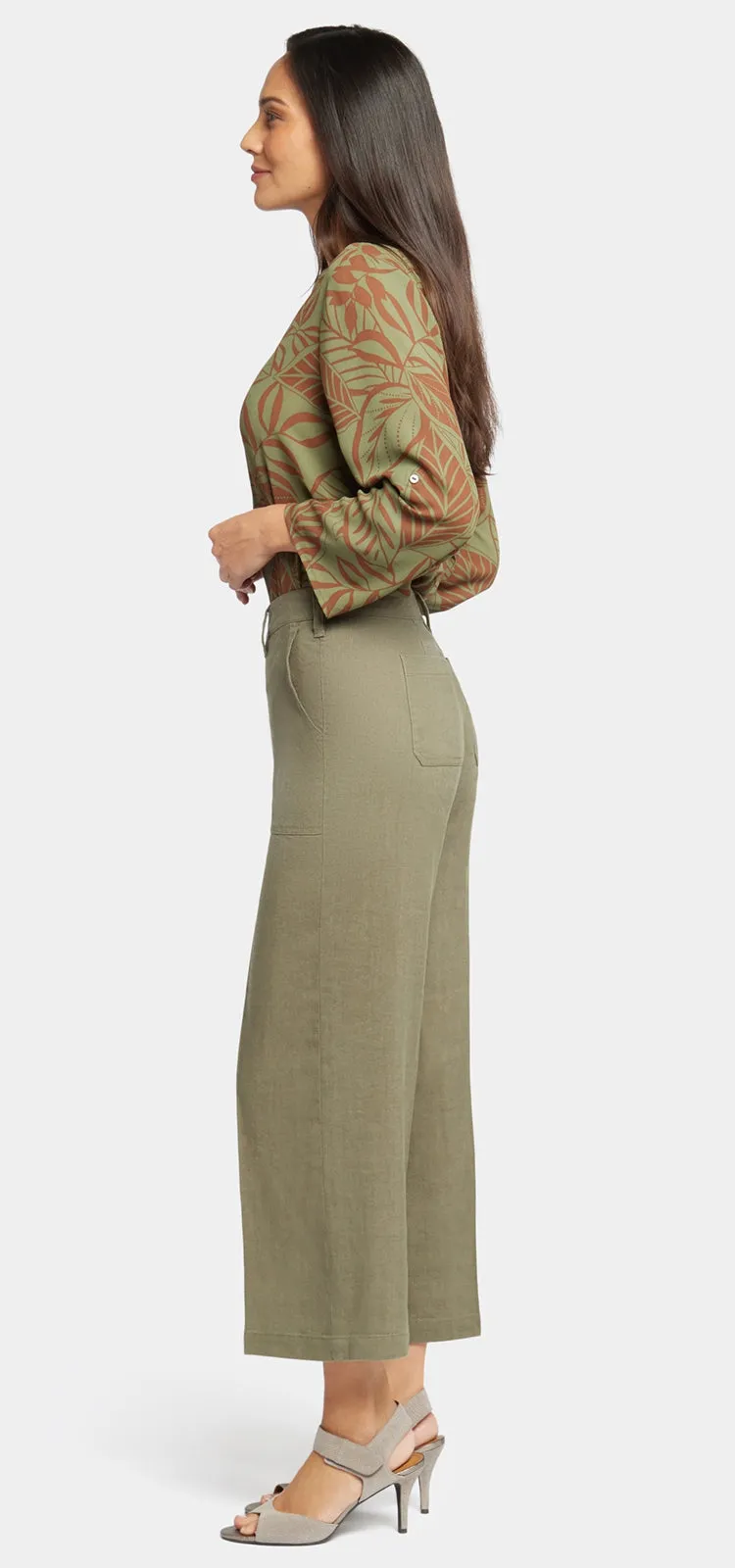 Wide Leg Cropped Capri Trouser Green Stretch Linen | Avocado