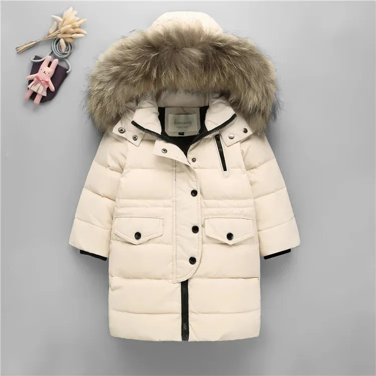 Winter Children Down Jacket For Boys Warm Real Raccoon Fur Hooded Long Boys Outerwear Coat 2-12 Years Kids Jacket