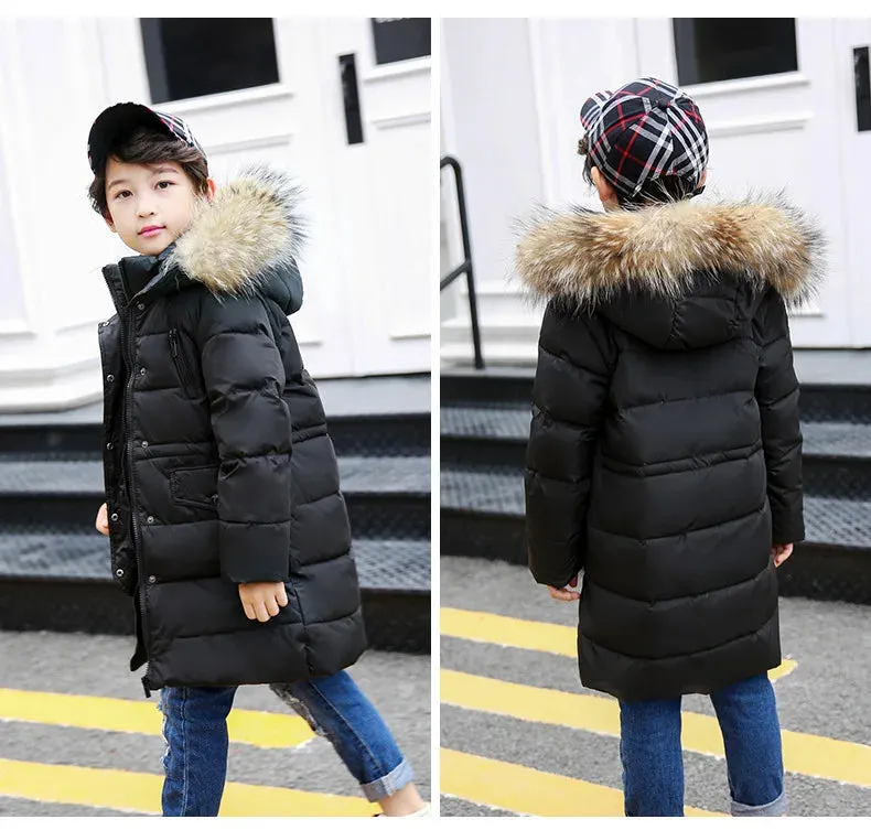 Winter Children Down Jacket For Boys Warm Real Raccoon Fur Hooded Long Boys Outerwear Coat 2-12 Years Kids Jacket