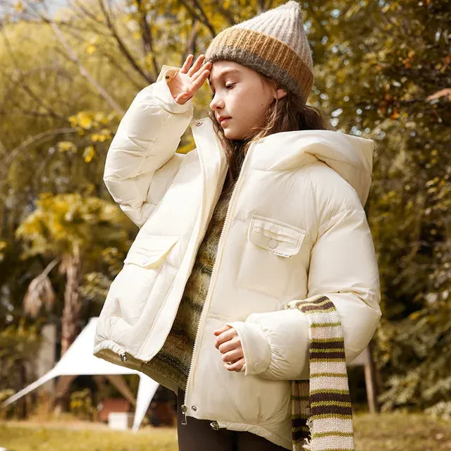 Winter Down Jacket For Girl White Duck Down Hooded Thick Warm Teenage Girl Outwear Coat 5-16 Years Kids Parkas