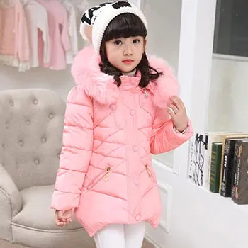 Winter Girls Jacket Fur Collar Warm Princess Coat Hooded Zipper Windproof Kids Outerwear Snowsuit 4-12 Years