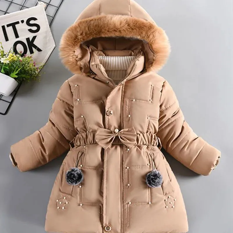 Winter Girls Jacket Fur Collar Warm Princess Coat Hooded Zipper Windproof Kids Outerwear Snowsuit 4-12 Years