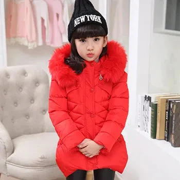 Winter Girls Jacket Fur Collar Warm Princess Coat Hooded Zipper Windproof Kids Outerwear Snowsuit 4-12 Years