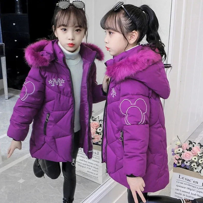 Winter Girls Jacket Fur Collar Warm Princess Coat Hooded Zipper Windproof Kids Outerwear Snowsuit 4-12 Years