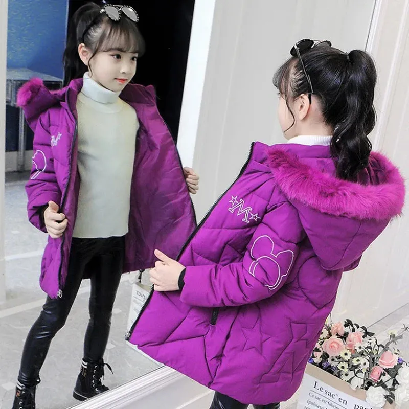 Winter Girls Jacket Fur Collar Warm Princess Coat Hooded Zipper Windproof Kids Outerwear Snowsuit 4-12 Years