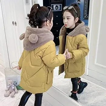 Winter Girls Jacket Fur Collar Warm Princess Coat Hooded Zipper Windproof Kids Outerwear Snowsuit 4-12 Years