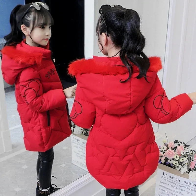 Winter Girls Jacket Fur Collar Warm Princess Coat Hooded Zipper Windproof Kids Outerwear Snowsuit 4-12 Years