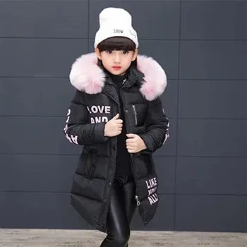 Winter Girls Jacket Fur Collar Warm Princess Coat Hooded Zipper Windproof Kids Outerwear Snowsuit 4-12 Years