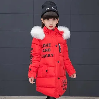 Winter Girls Jacket Fur Collar Warm Princess Coat Hooded Zipper Windproof Kids Outerwear Snowsuit 4-12 Years