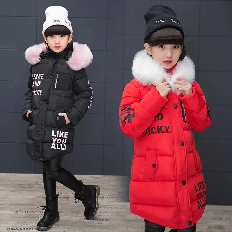 Winter Girls Jacket Fur Collar Warm Princess Coat Hooded Zipper Windproof Kids Outerwear Snowsuit 4-12 Years