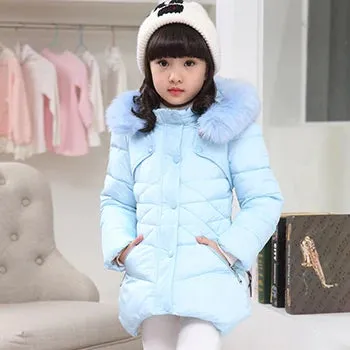 Winter Girls Jacket Fur Collar Warm Princess Coat Hooded Zipper Windproof Kids Outerwear Snowsuit 4-12 Years