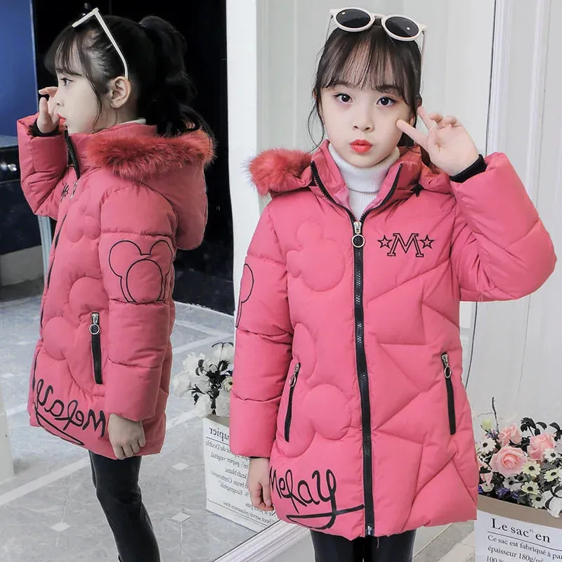 Winter Girls Jacket Fur Collar Warm Princess Coat Hooded Zipper Windproof Kids Outerwear Snowsuit 4-12 Years