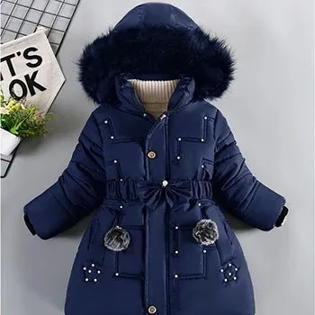 Winter Girls Jacket Fur Collar Warm Princess Coat Hooded Zipper Windproof Kids Outerwear Snowsuit 4-12 Years