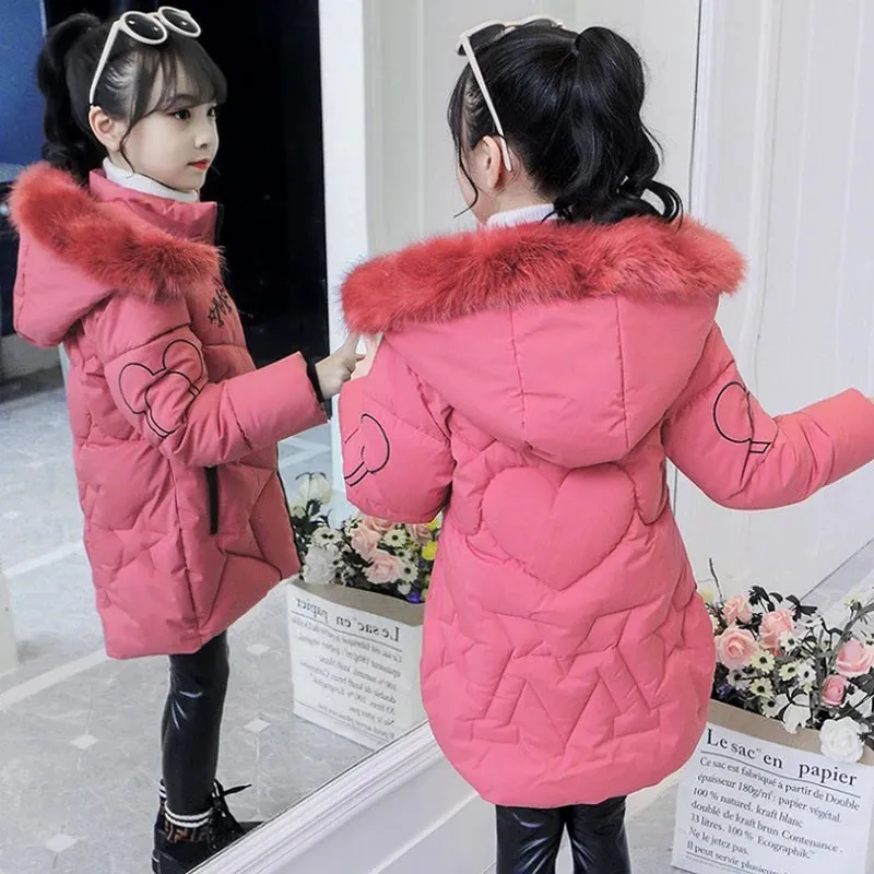 Winter Girls Jacket Fur Collar Warm Princess Coat Hooded Zipper Windproof Kids Outerwear Snowsuit 4-12 Years