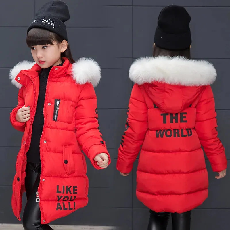 Winter Girls Jacket Fur Collar Warm Princess Coat Hooded Zipper Windproof Kids Outerwear Snowsuit 4-12 Years