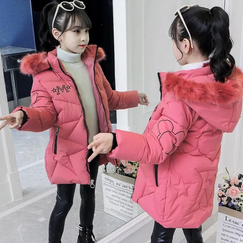 Winter Girls Jacket Fur Collar Warm Princess Coat Hooded Zipper Windproof Kids Outerwear Snowsuit 4-12 Years