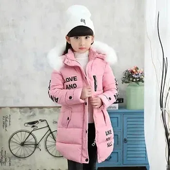 Winter Girls Jacket Fur Collar Warm Princess Coat Hooded Zipper Windproof Kids Outerwear Snowsuit 4-12 Years