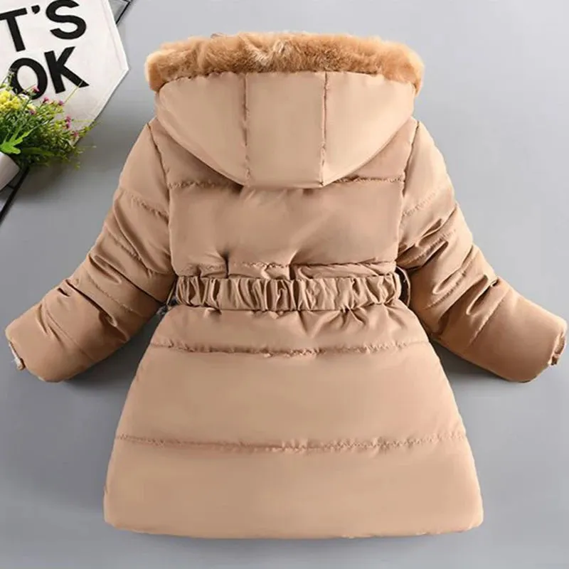 Winter Girls Jacket Fur Collar Warm Princess Coat Hooded Zipper Windproof Kids Outerwear Snowsuit 4-12 Years