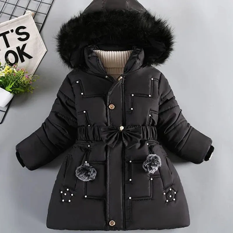 Winter Girls Jacket Fur Collar Warm Princess Coat Hooded Zipper Windproof Kids Outerwear Snowsuit 4-12 Years