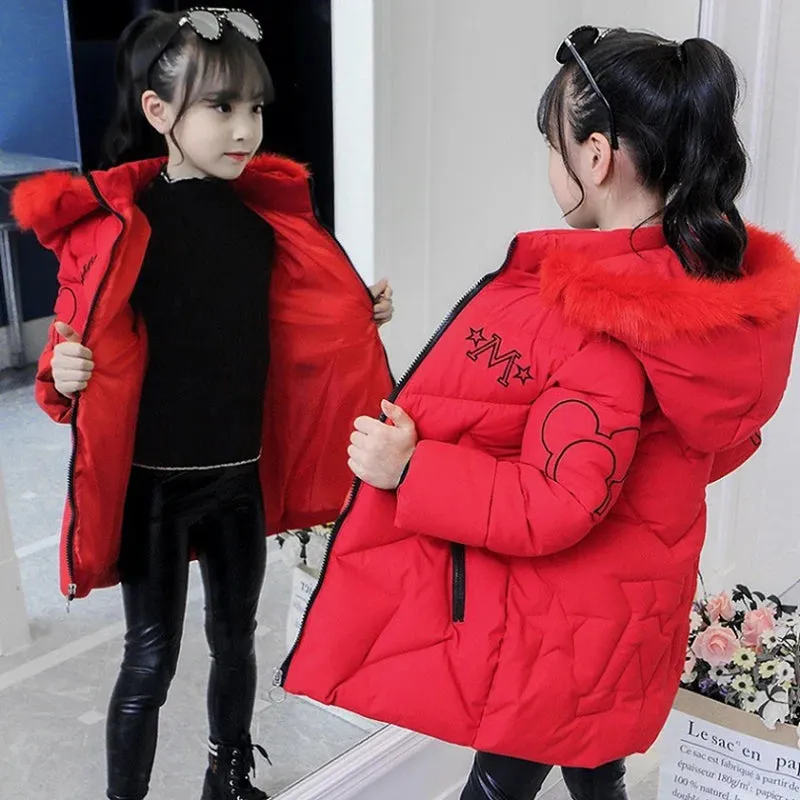 Winter Girls Jacket Fur Collar Warm Princess Coat Hooded Zipper Windproof Kids Outerwear Snowsuit 4-12 Years