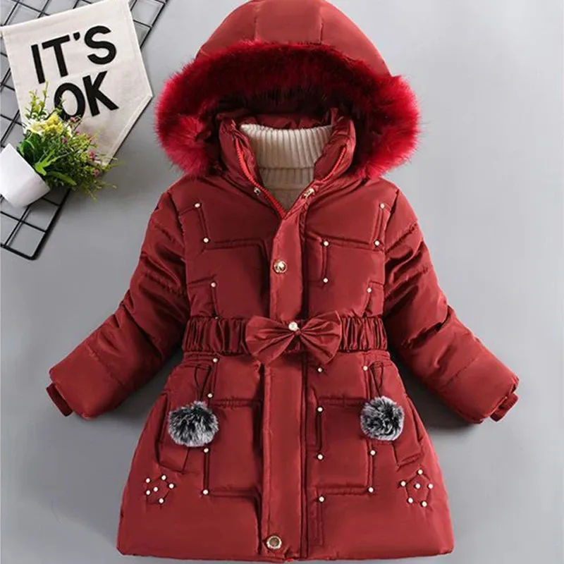 Winter Girls Jacket Fur Collar Warm Princess Coat Hooded Zipper Windproof Kids Outerwear Snowsuit 4-12 Years